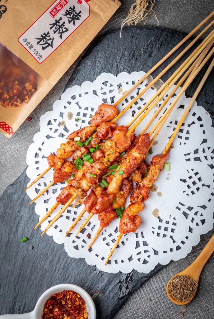 Spicy Pork Skewers Fresh Green Onions White Lace Doily