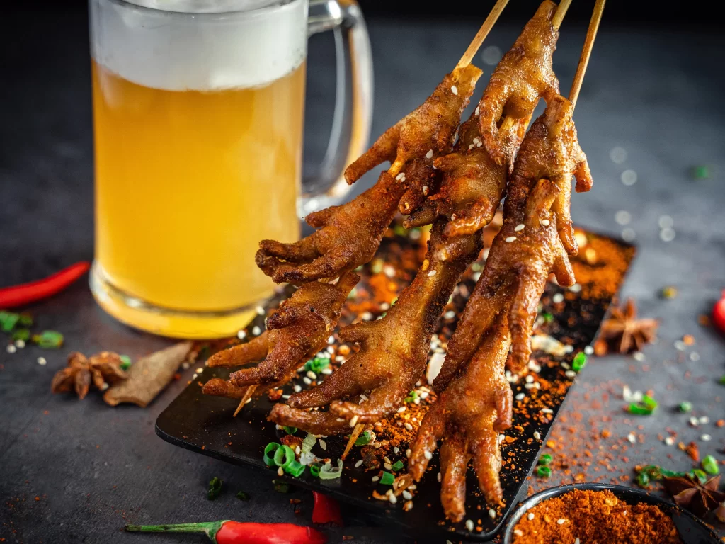 Spicy Pork Skewers Golden Brown Crispy Charred Garnish