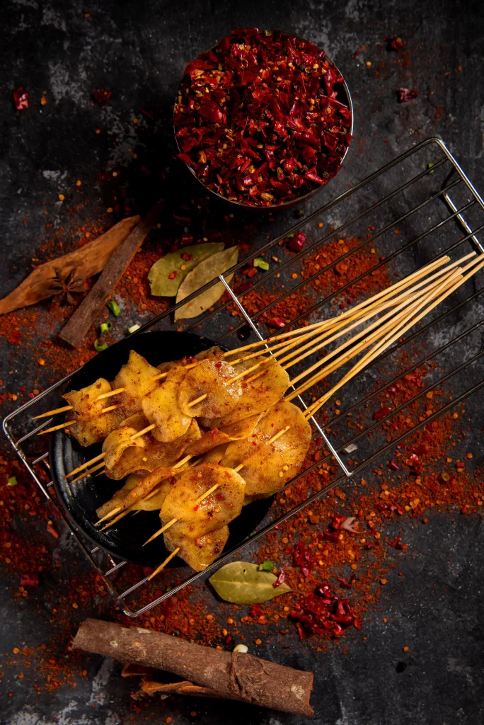Spicy Pork Skewers Red Chili Powder Golden Brown Charred