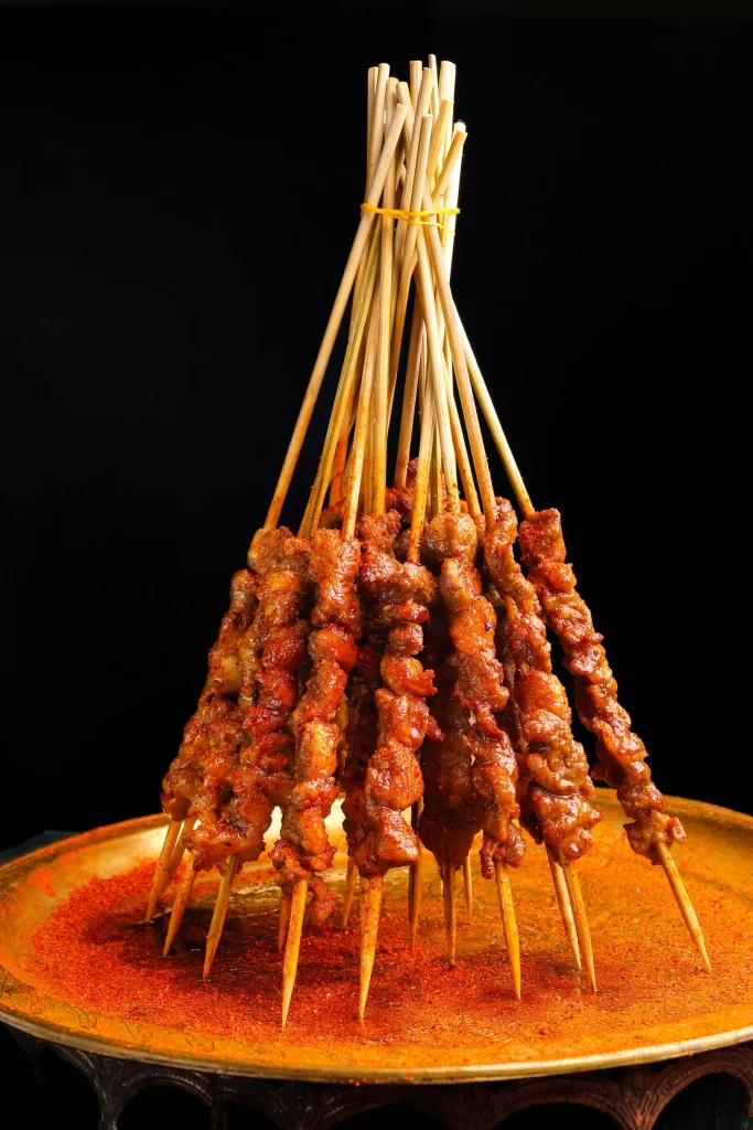 Spicy Pork Skewers Red Chili Powder Golden Brown Plate