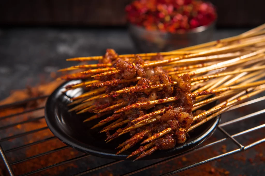 Spicy Pork Skewers Red Chili Sauce Golden Brown Crispy