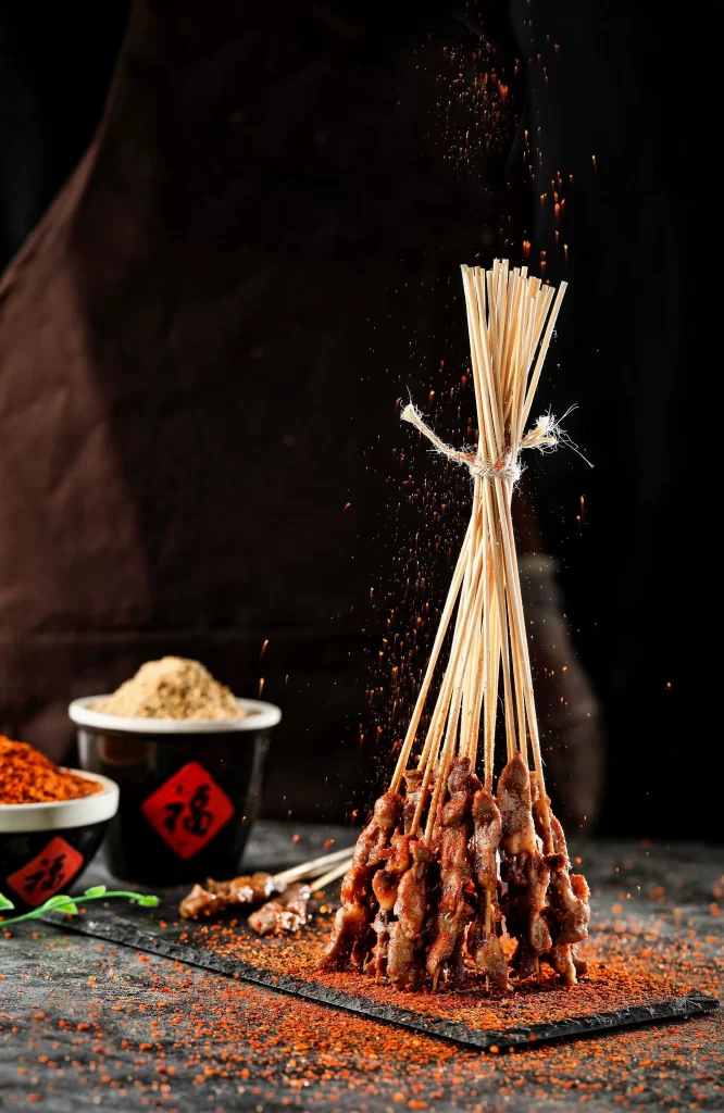 Spicy Pork Skewers Red Pepper Dust Charred Edges