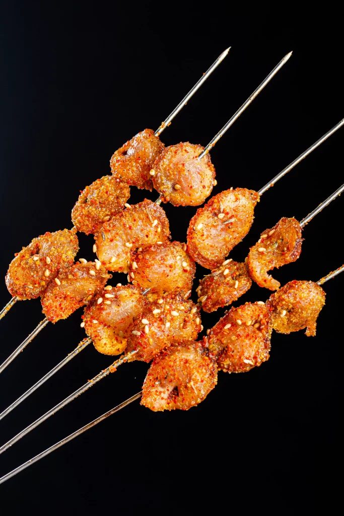 Spicy Pork Skewers Sesame Seeds Golden Brown Crispy