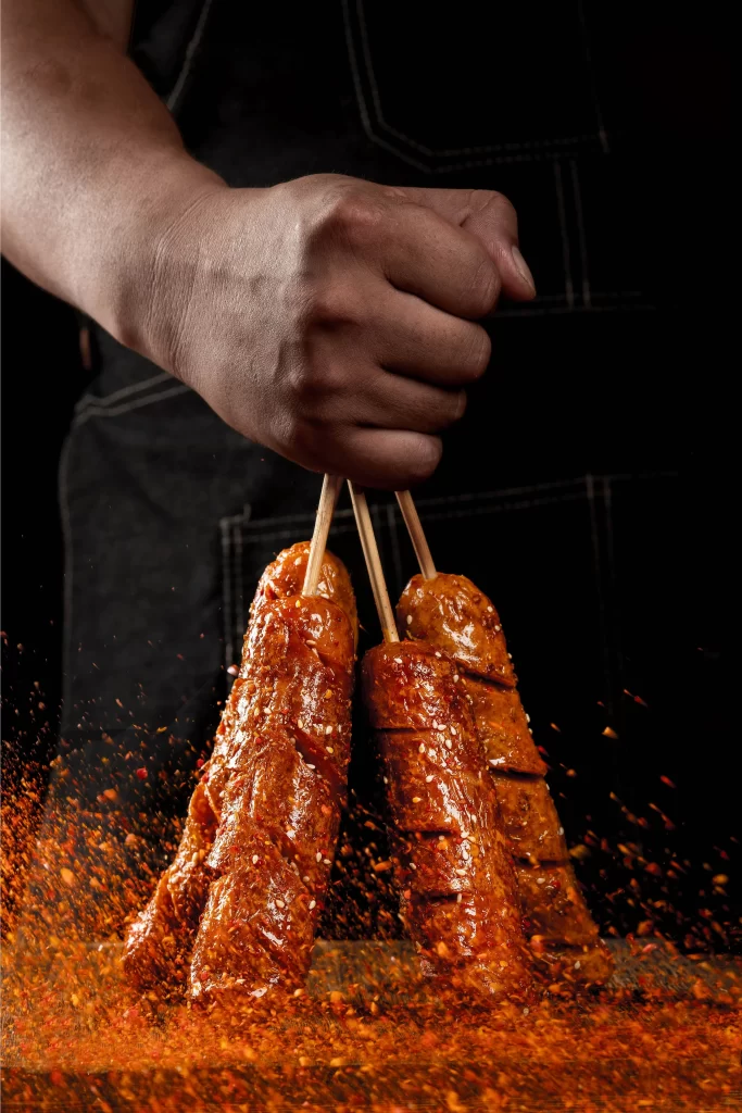 Spicy Pork Skewers with Sesame and Red Pepper Flakes