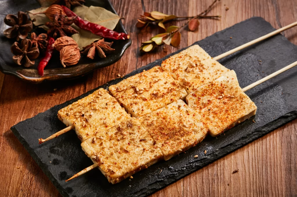 Spicy Tofu Skewers Sesame Seeds Red Chili Powder Black Slate