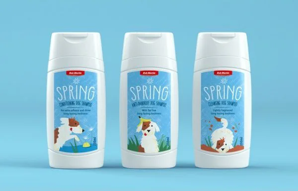 Spring Dog Shampoo White Blue Red Illustration