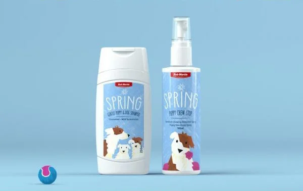 Spring Puppy Shampoo Blue White Illustration