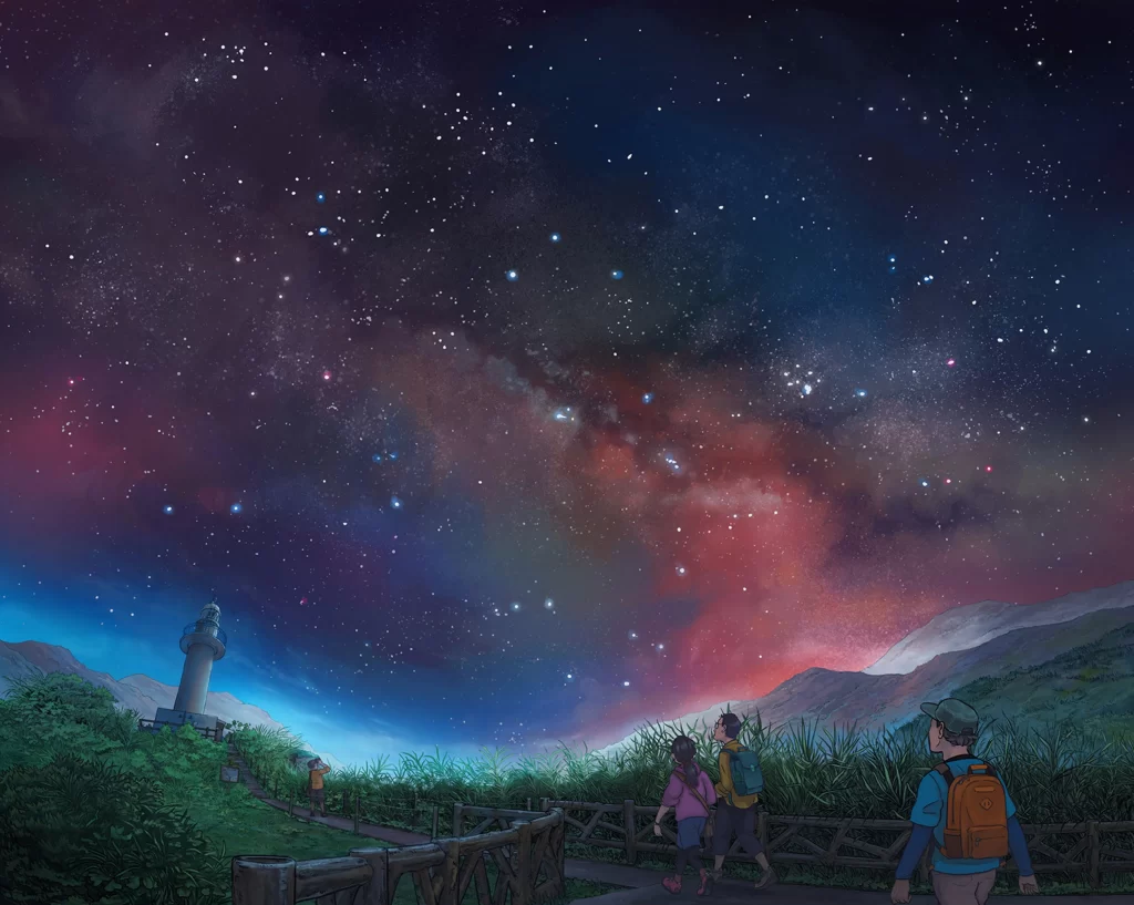 Starry Night Sky Lighthouse Hikers Mountains Mateusz Urbanowicz