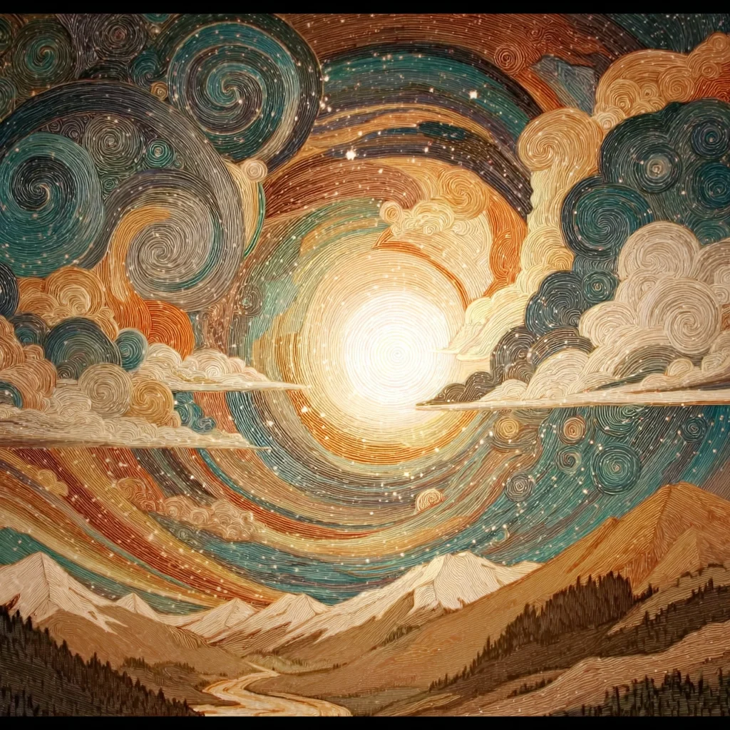Starry Sky Swirls Mountains Sunlight Artistic