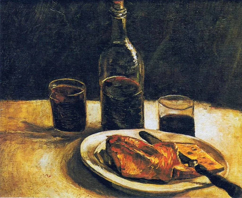 Still Life with Bottle Two Glasses Cheese and Bread Van Gogh