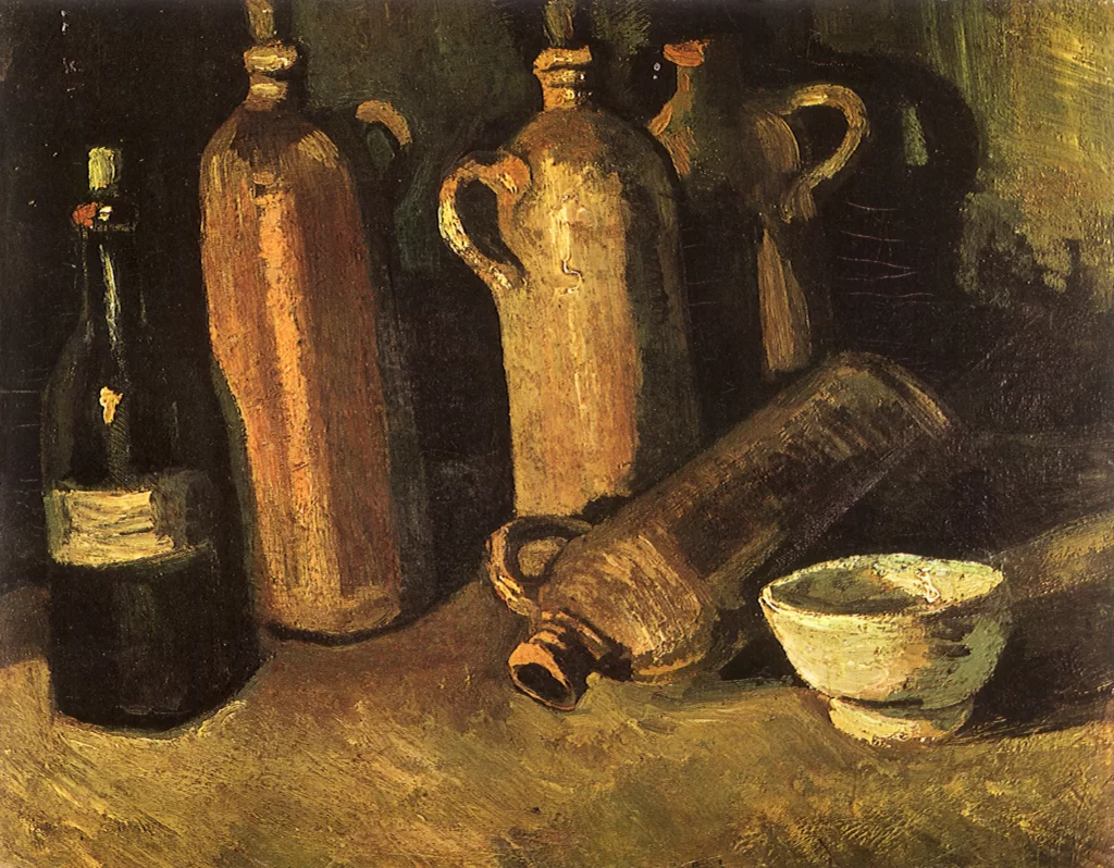 Still Life with Four Stone Bottles Flask and White Cup Van Gogh