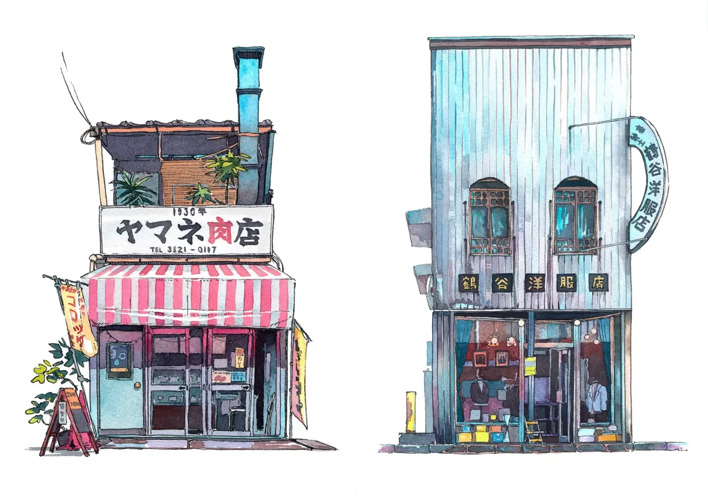 Storefronts Architecture Urban Japan Illustration Mateusz Urbanowicz