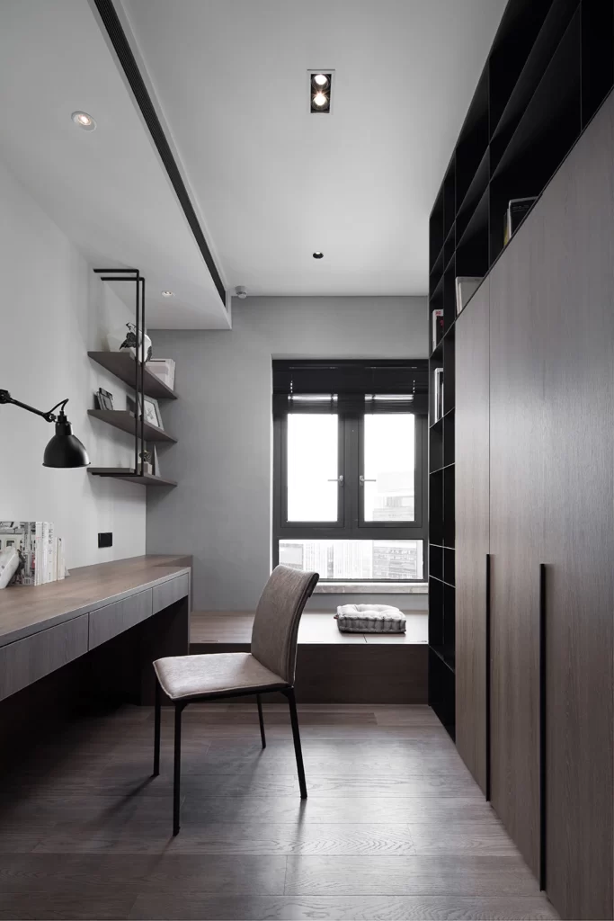 Study Room Contemporary Neutral Dark Wood Black Accents