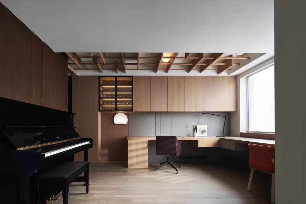 Study Room Contemporary Neutral Light Wood Black Piano