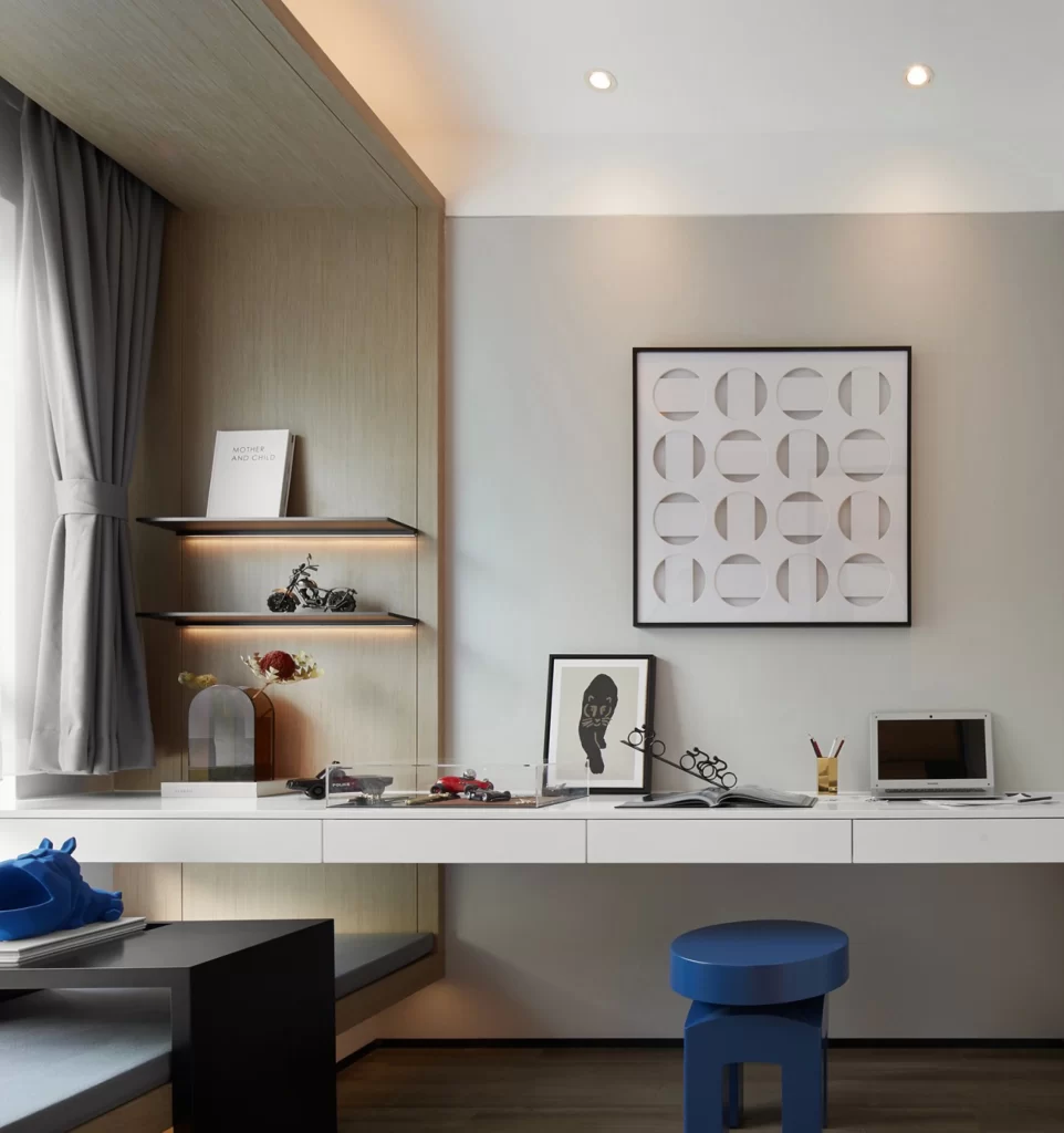 Study Room Contemporary Neutral White Wood Blue Accents