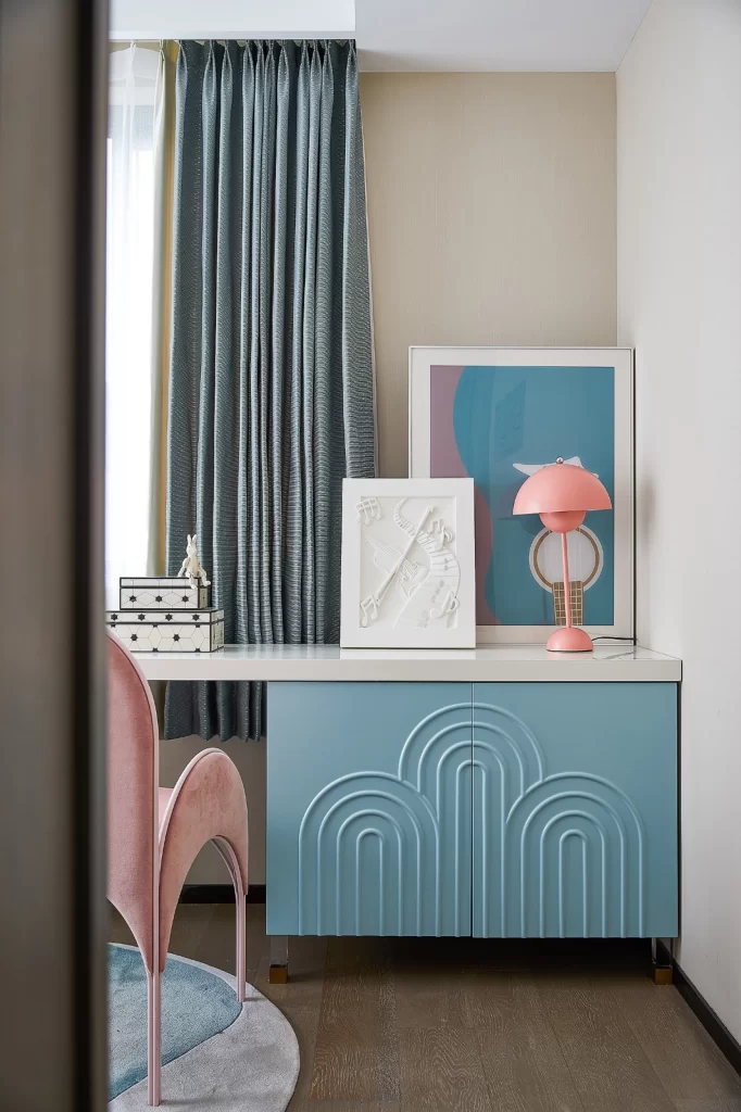 Study Room Pastel Blue Pink Art Deco Geometric Patterns