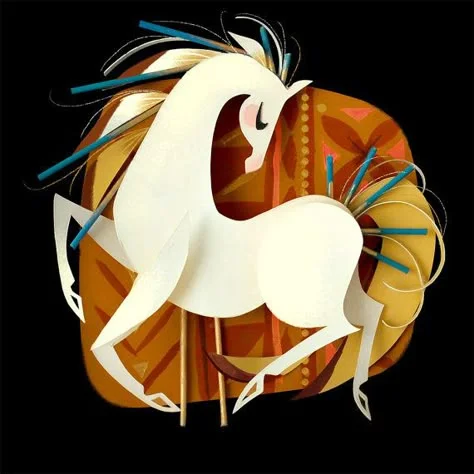 Stylized Carousel Horse White Blue Yellow Brown