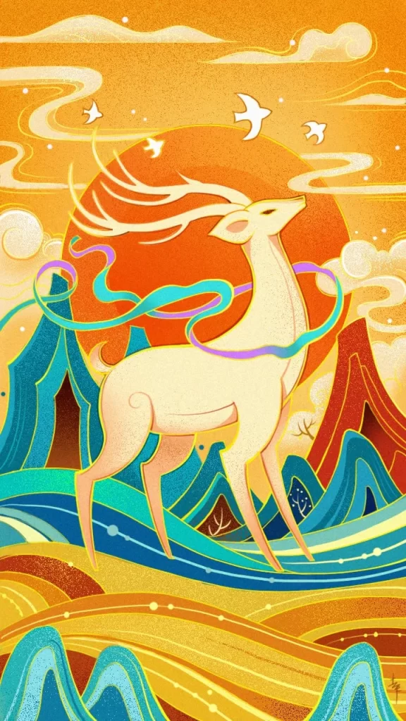 Stylized Deer Mountains Sunset Ribbons Birds
