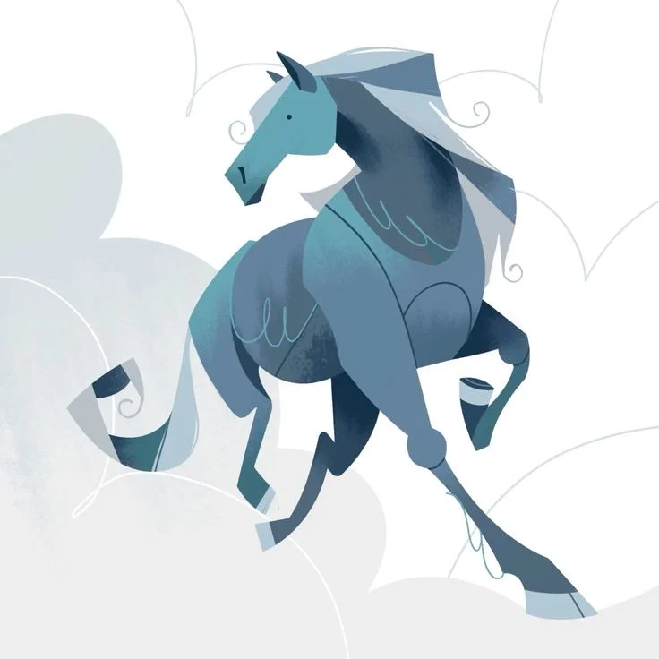Stylized Horse Blue Shades Abstract Artistic Clouds