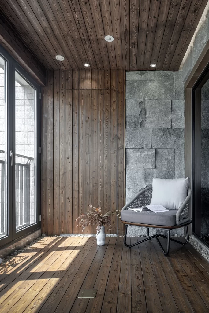 Sunroom Rustic Natural Wood Neutral Stone
