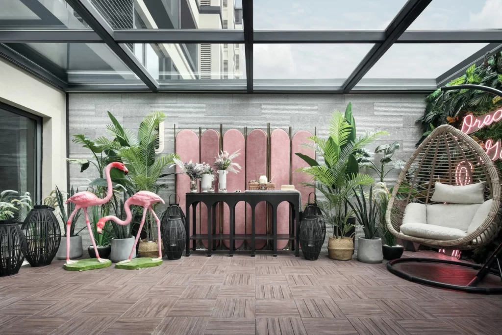 Sunroom Tropical Pink Greenery Plants Hanging Chair