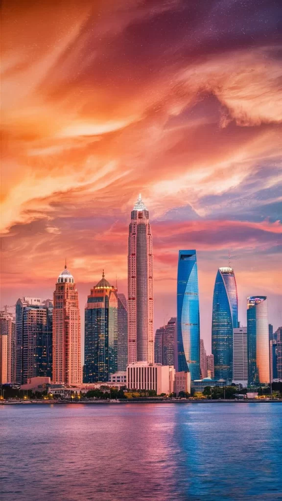Sunset Cityscape with Reflective Skyscrapers