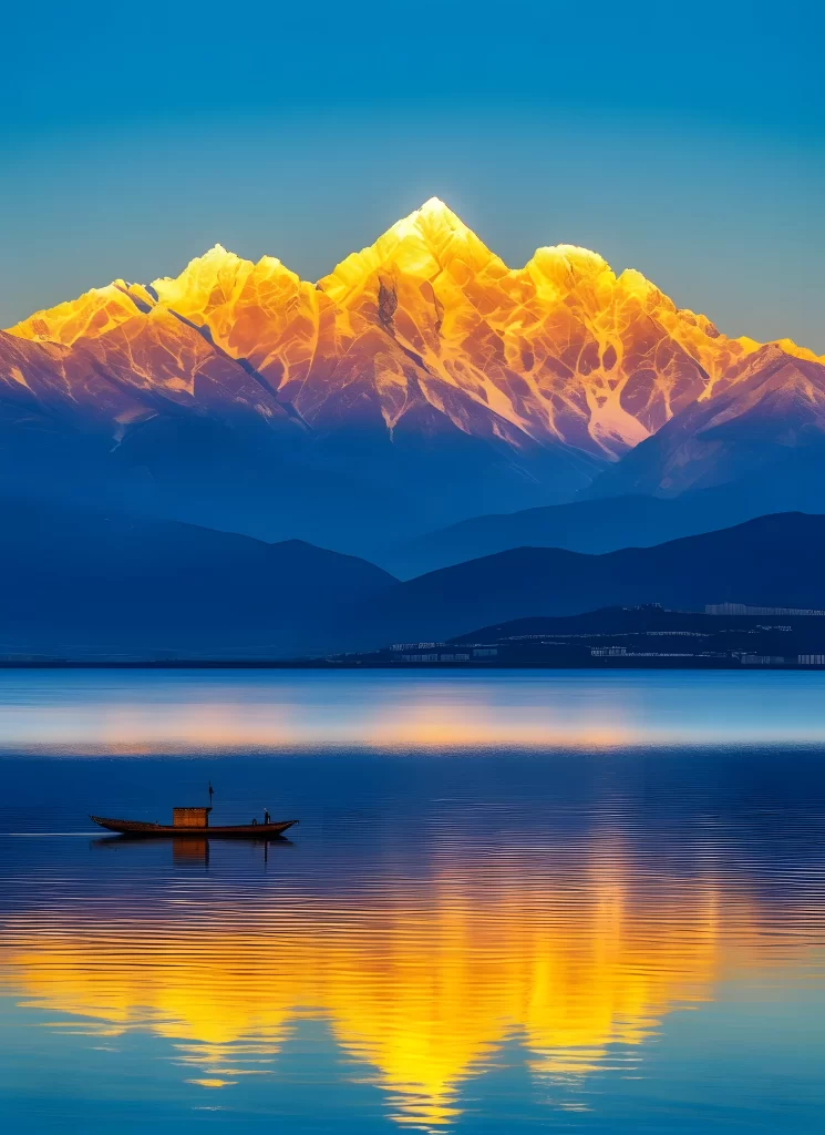 sunset golden orange blue tranquil reflection boat mountain range