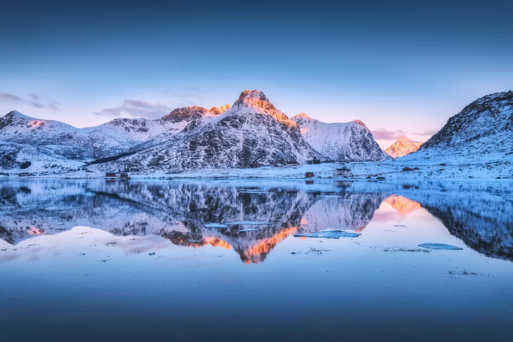 sunset golden orange pink teal blue ridge lake reflection snow