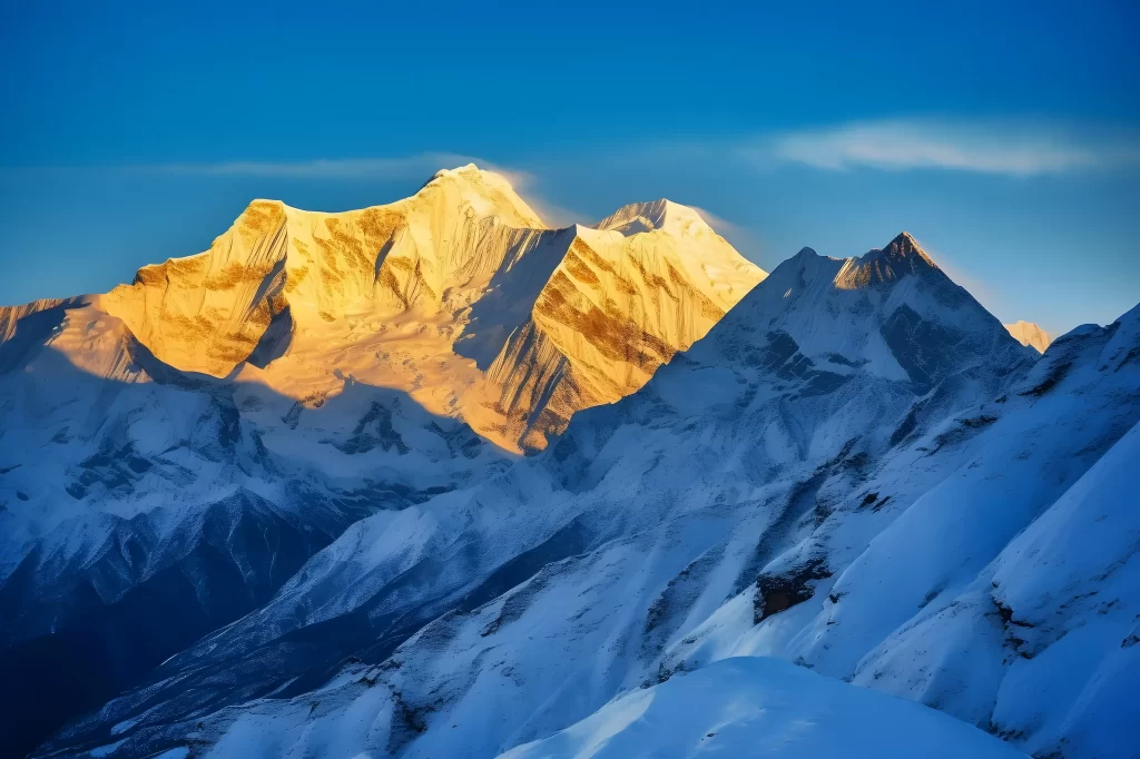 sunset golden snow-capped peaks clear blue sky dramatic shadows rugged