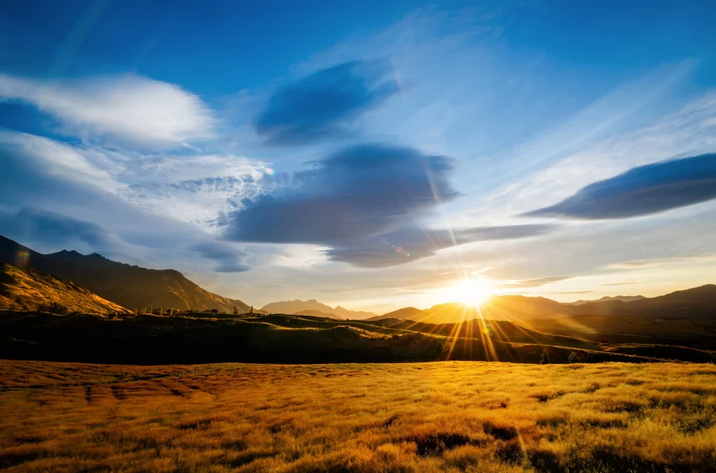 Sunset Meadow Golden Grass Blue Sky Clouds