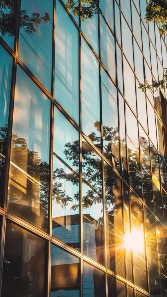 Sunset Reflections Building Trees Blue Sky