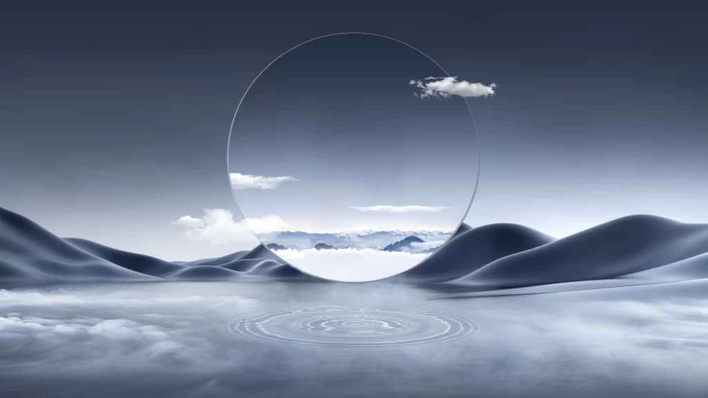 Surreal Landscape Floating Circle Clouds Mountains Reflection