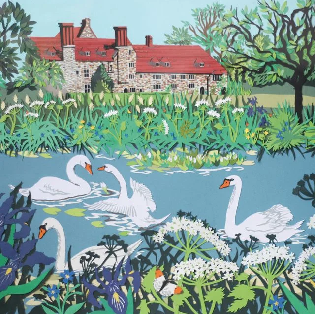 Swan Pond Illustration Nature Blue Green Watercolor Design