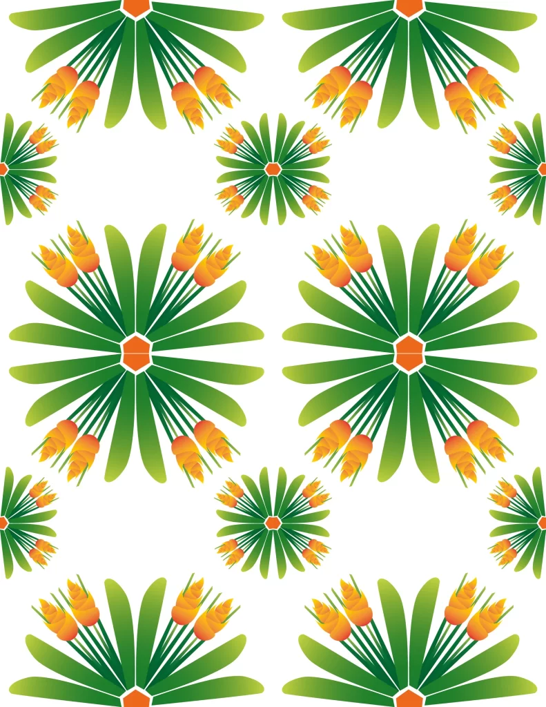 Symmetrical Pattern Green Leaves Orange Flowers