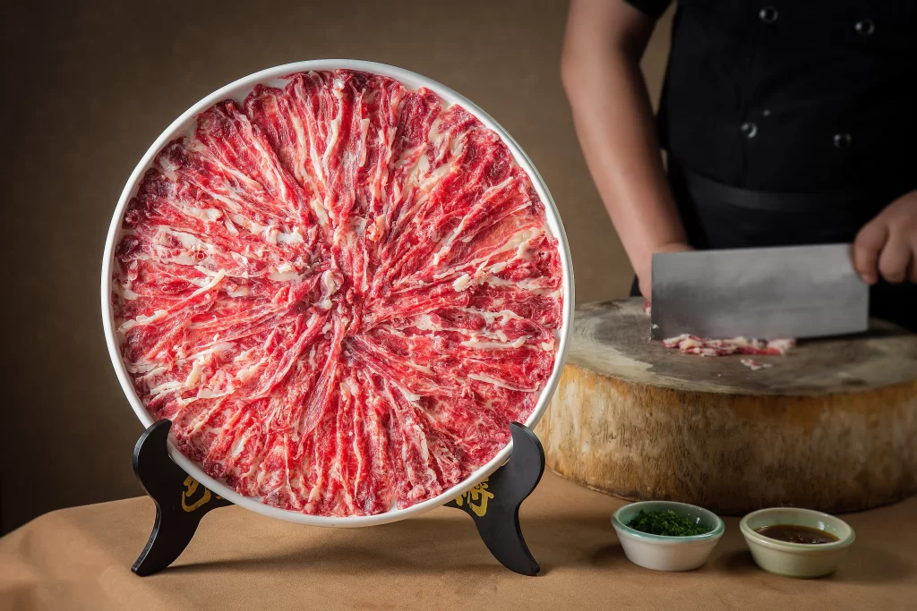 Thinly Sliced Marbled Red Pink Fat Chaoshan Hot Pot Beef