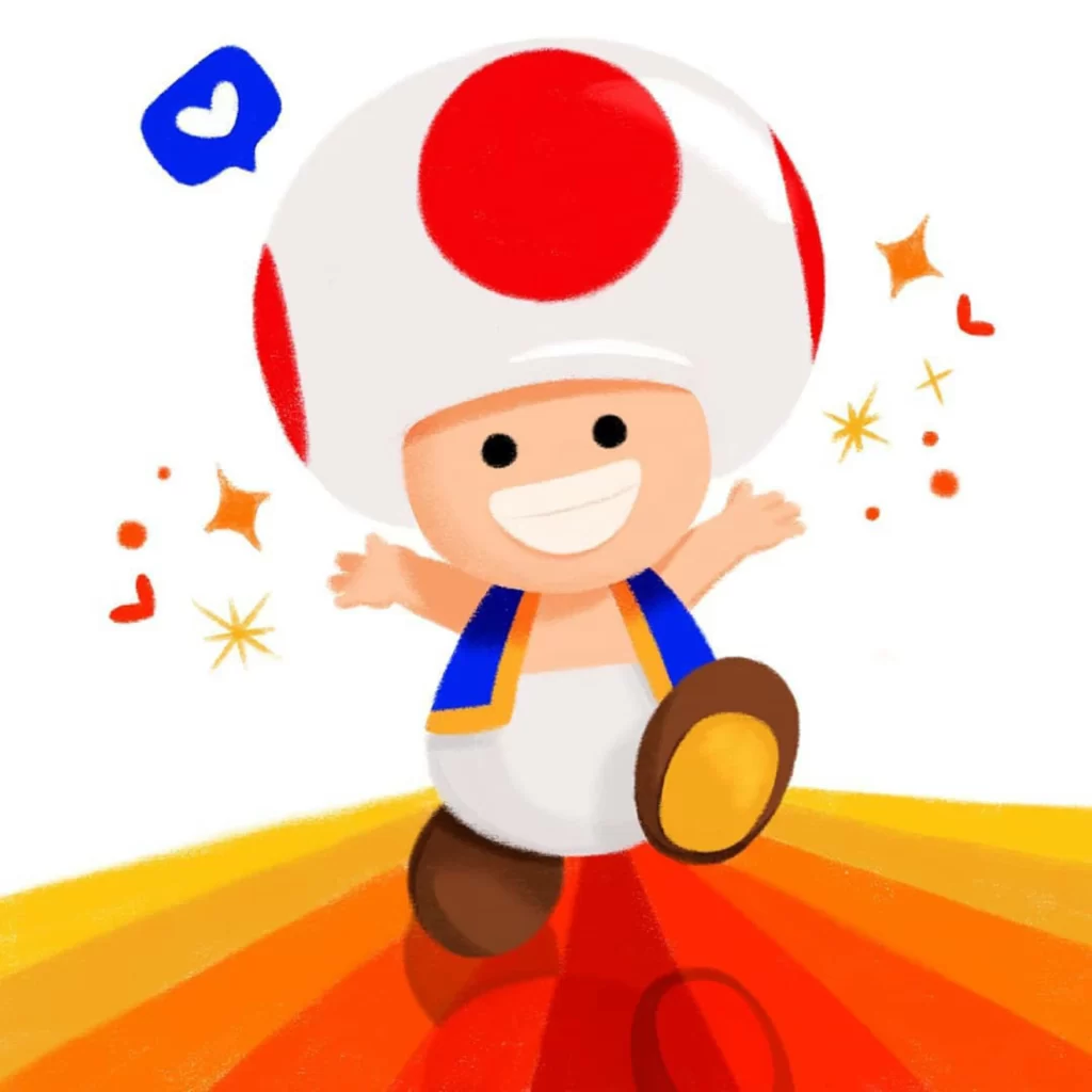 Toad Character Mushroom Hat Happy Pose Sparkles Colorful Background Eleonore Pelluau