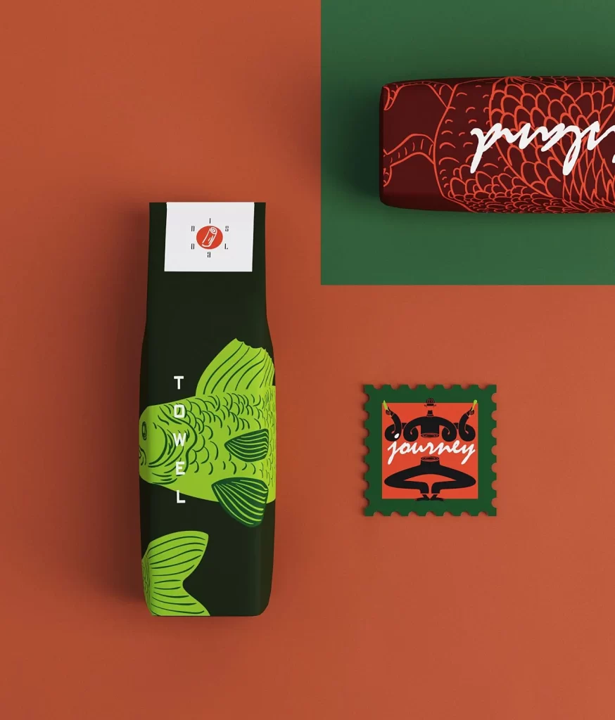 Towel Packaging Green Fish Illustration Minimalist Design