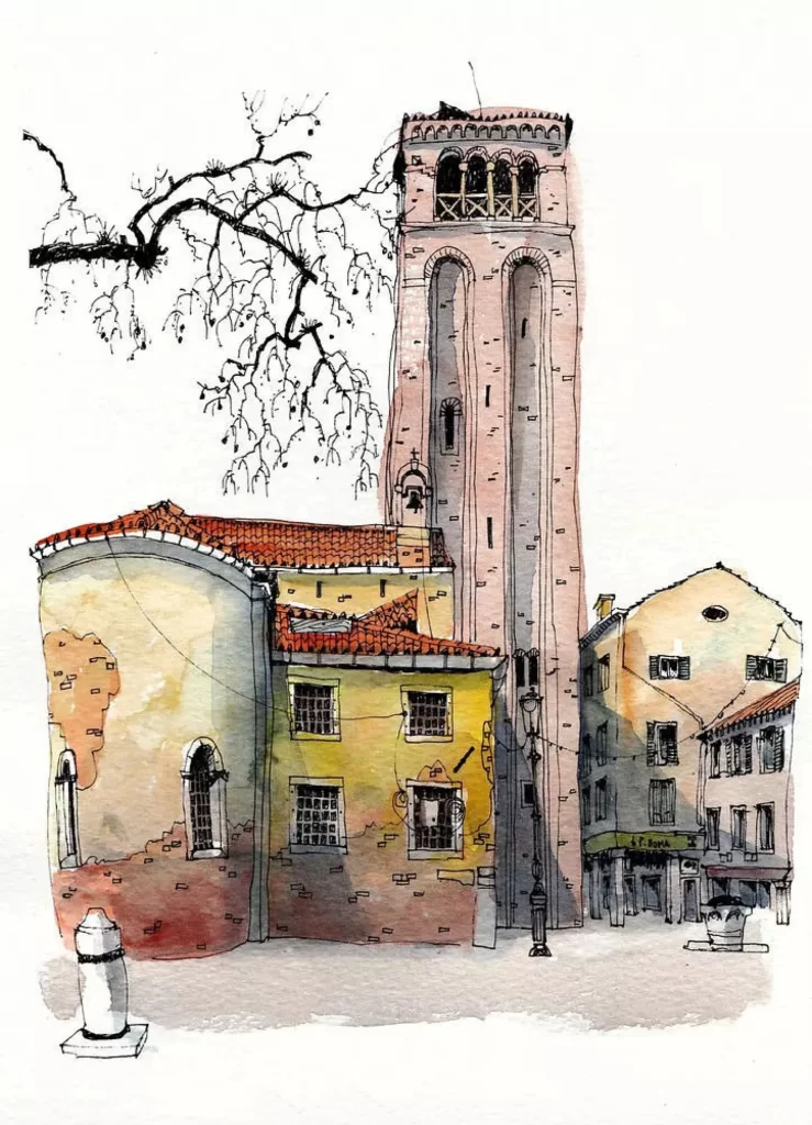 Tower Architecture Urban Watercolor Building