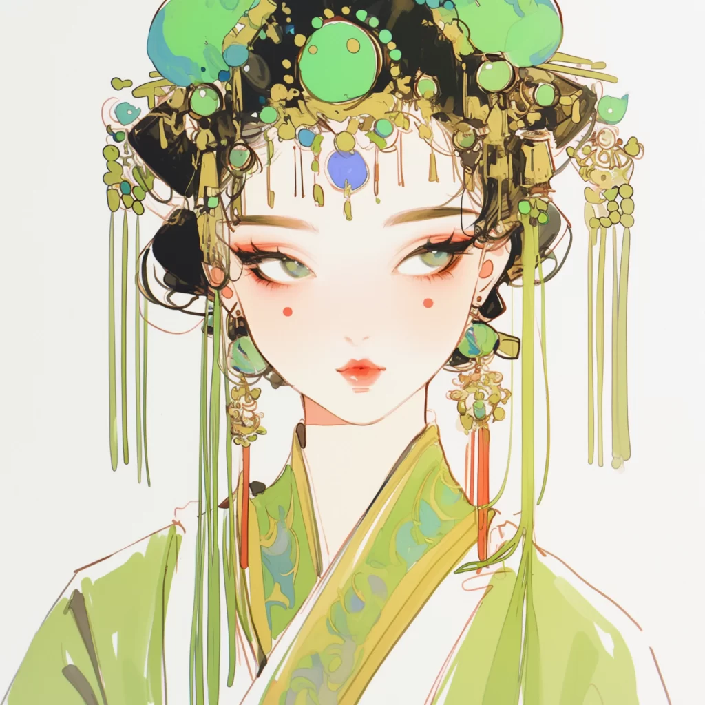 Traditional Headdress Green Jewels Earrings Ancient Attire Cultural Art