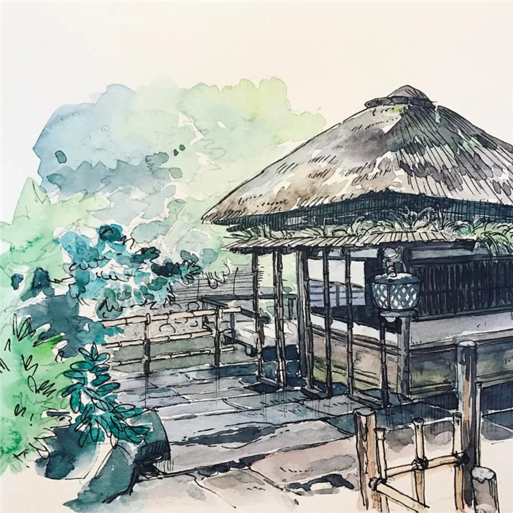 Traditional Japanese Hut Bamboo Fence Stone Pathway Nature Watercolor Mateusz Urbanowicz