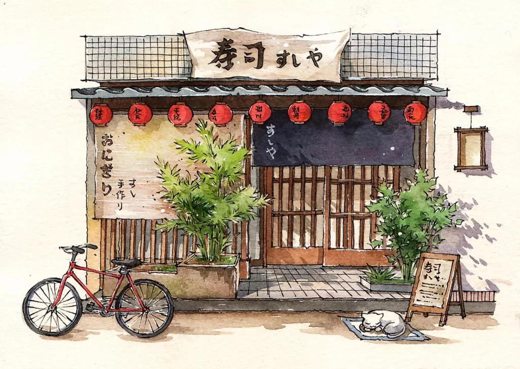Traditional Japanese Restaurant Bicycle Lanterns Cat Signage Mateusz Urbanowicz
