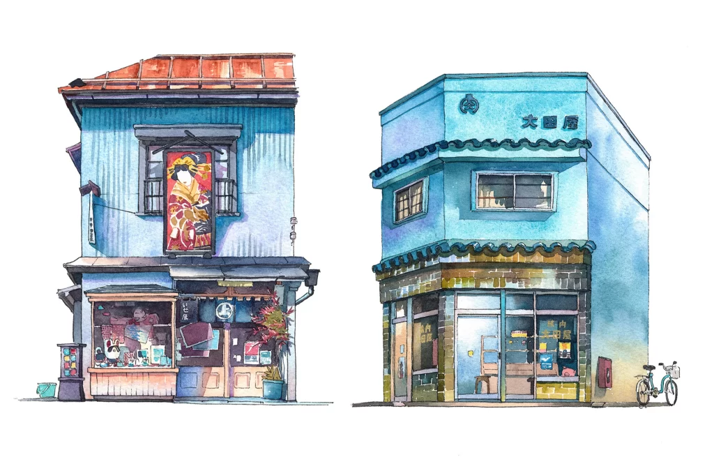 Traditional Storefronts Japanese Architecture Watercolor Art Mateusz Urbanowicz