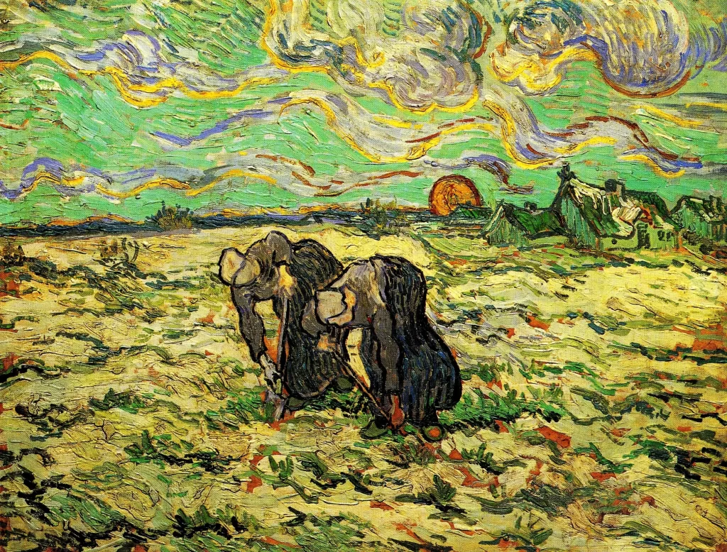 two-peasant-women-digging-in-field-with-snow- Van Gogh