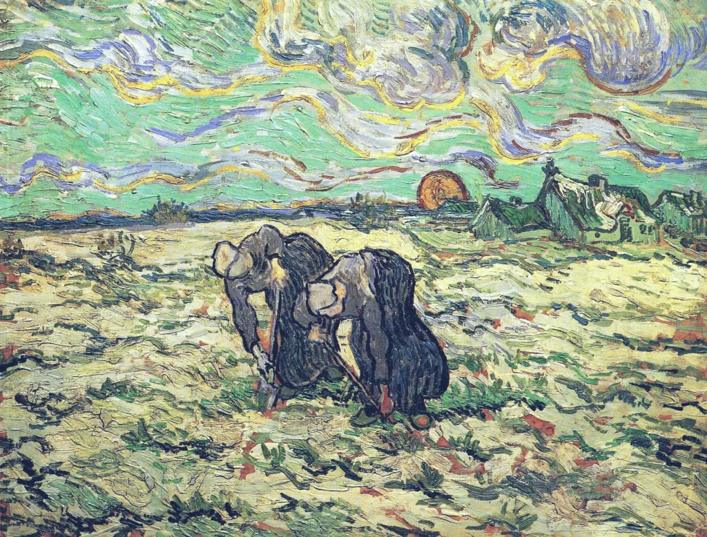Two Peasant Women Digging in Field with Snow Van Gogh