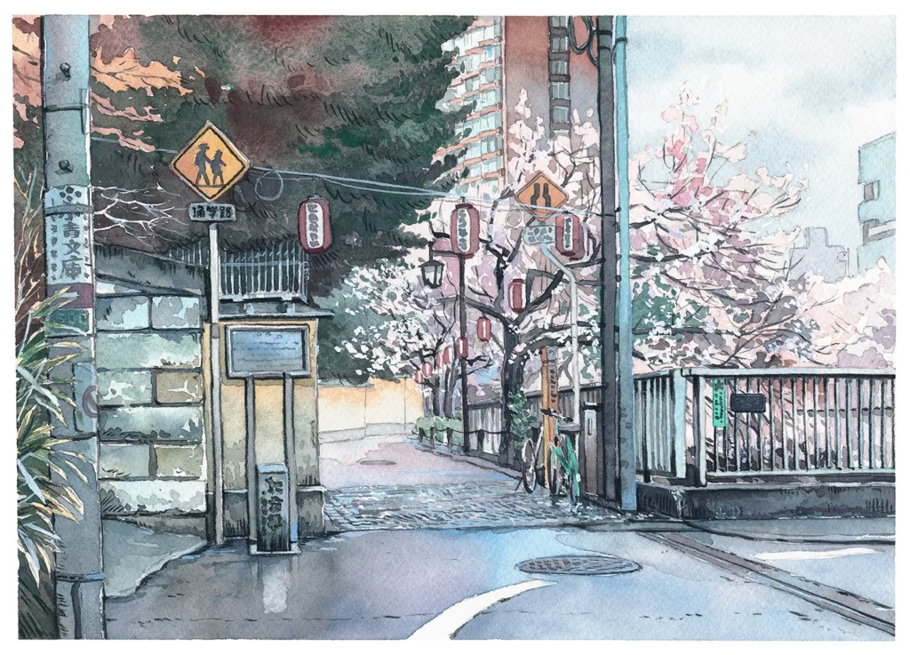 Urban Alleyway Cherry Blossoms Street Signs Bicycle Lanterns Mateusz Urbanowicz