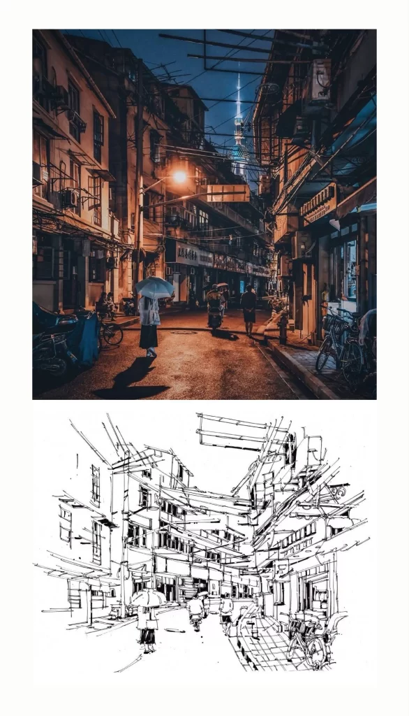 Urban Alleyway Nighttime Sketch Mateusz Urbanowicz