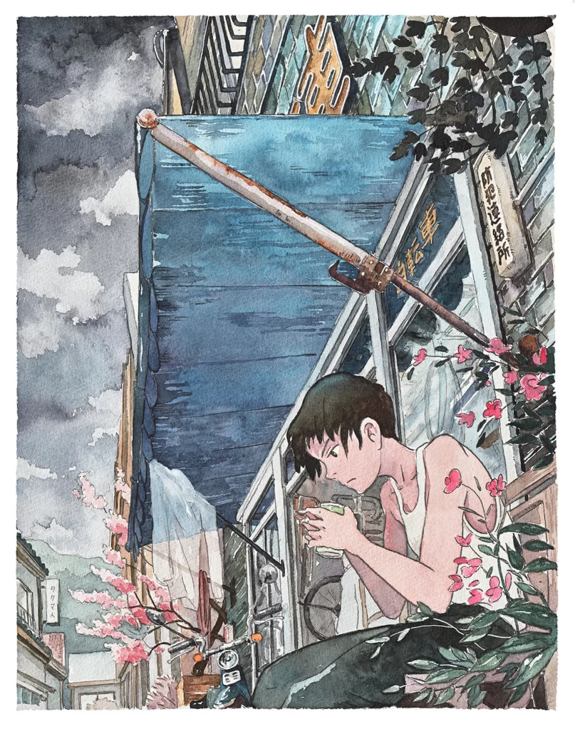 Urban Alleyway Young Man Drinking Motorcycle Blue Awning Mateusz Urbanowicz