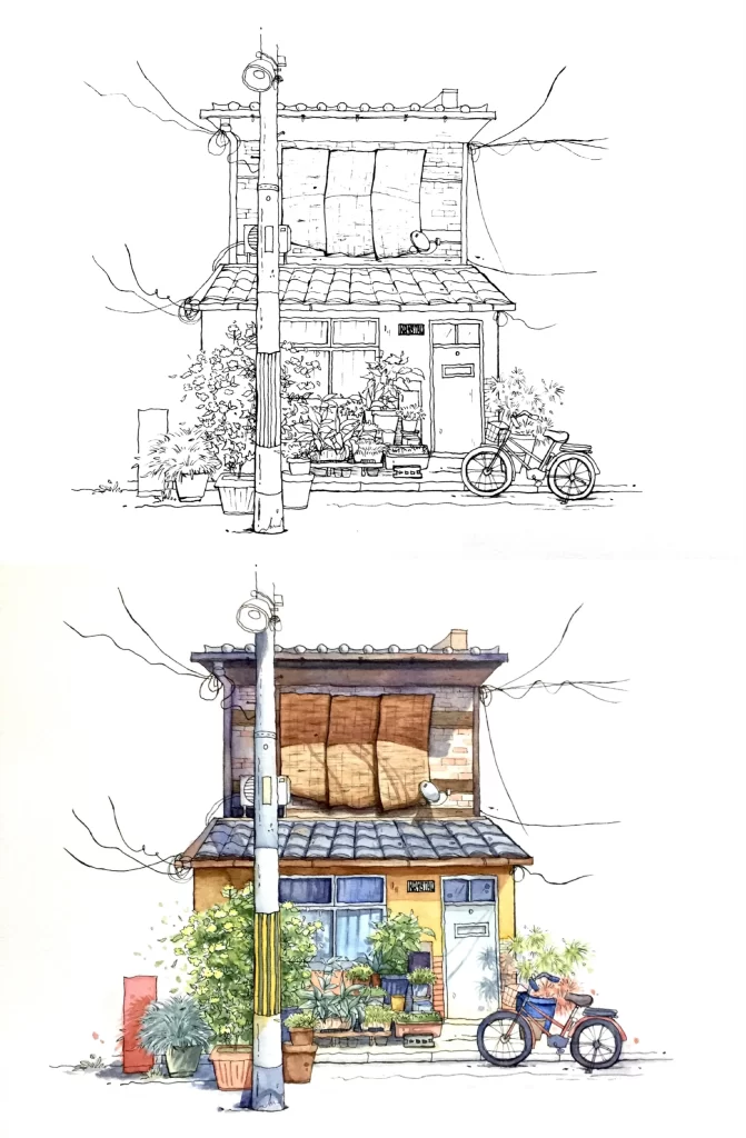 Urban Sketch Residential Building Bicycle Plants Street Lamp Mateusz Urbanowicz