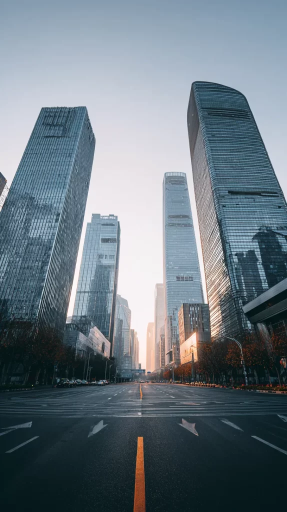 Urban Skyscrapers Sunrise Reflections Glass Buildings Road