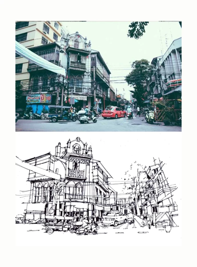 Urban Street Scene Architectural Sketch City Life Motorcycles Vintage Building Mateusz Urbanowicz